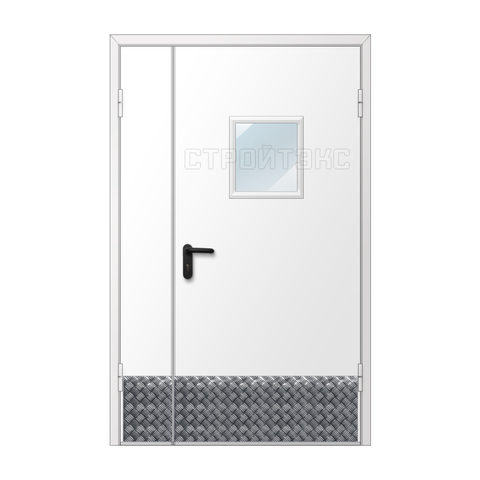 Дверь двупольная металлическая с алюминиевой накладкой и остеклением 300х400